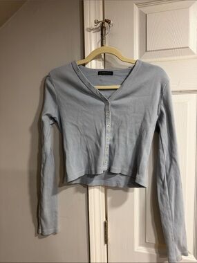 Brandy Melville Pale Blue Ribbed Button-Up Long Sleeve Top